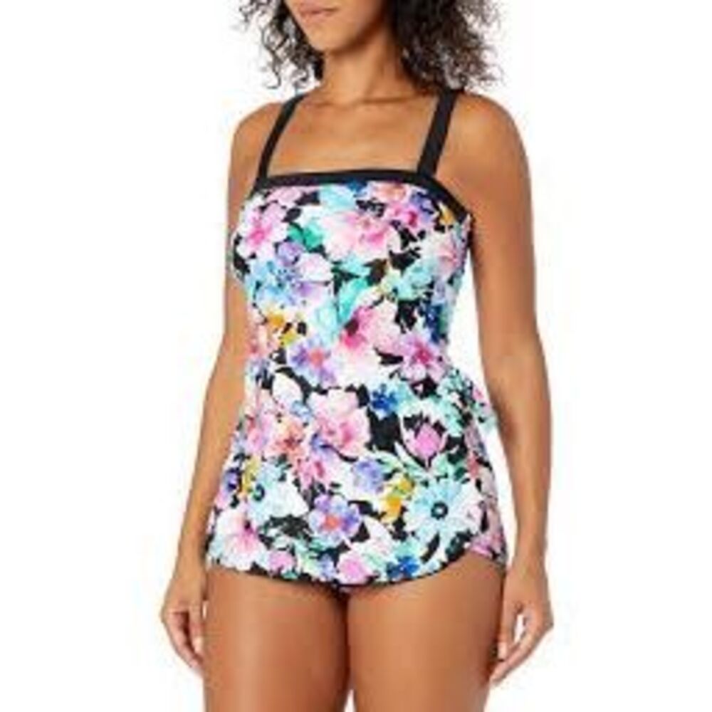 Maxine Of Hollywood One Piece Swim Dress Swimsuit Floral Multicolor Size 12